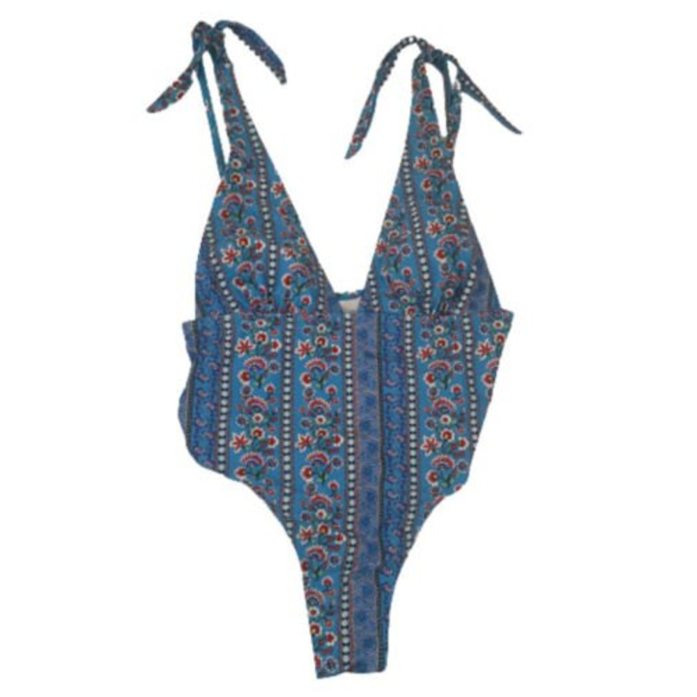 Zaful Women’s Swimsuit Floral Striped Deep Plunge Strappy High Leg One Piece Lg